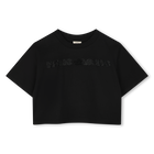 Kort T-shirt met strass, ZWART, hi-res